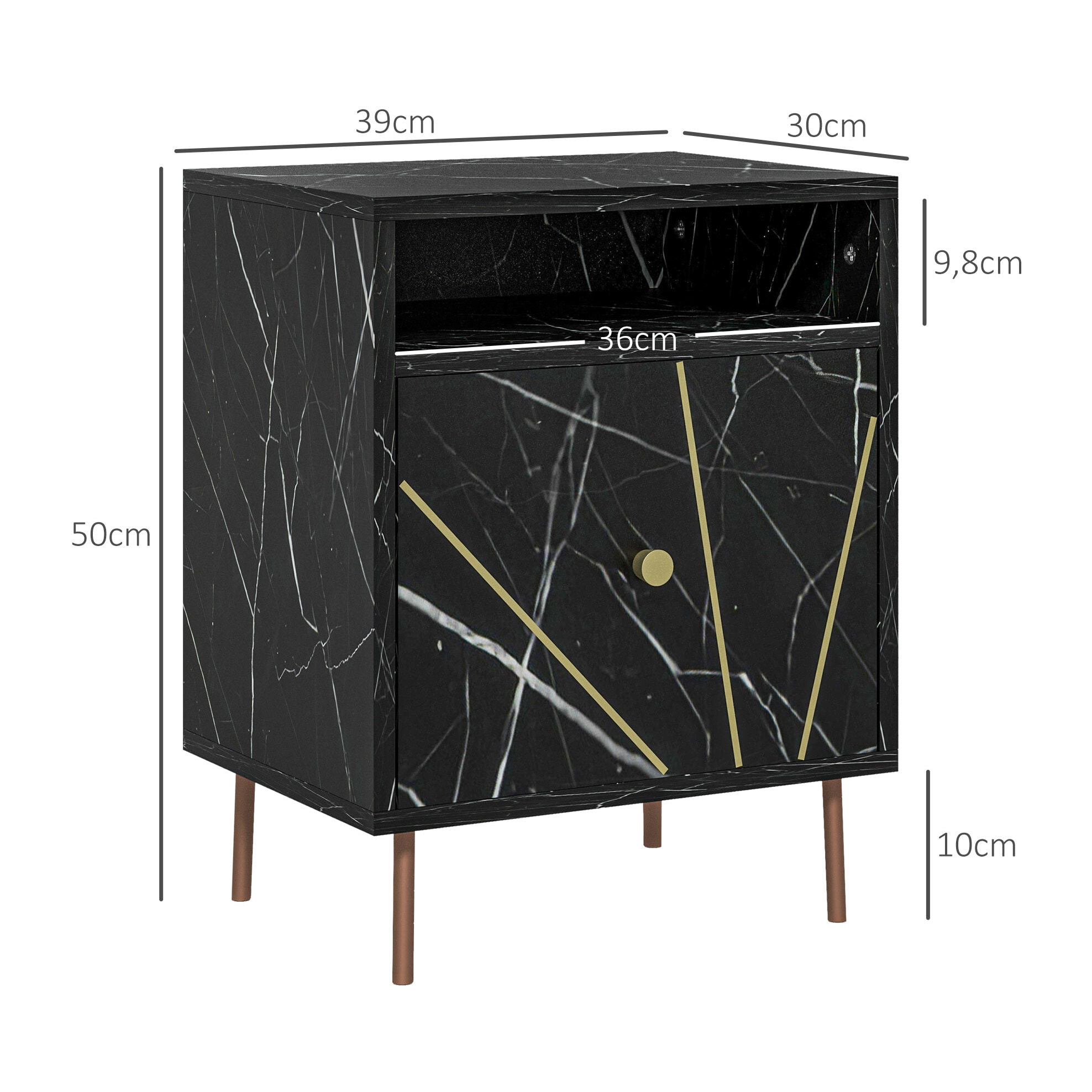 Chevet table de nuit design - tiroir, niche - doré aspect marbre noir