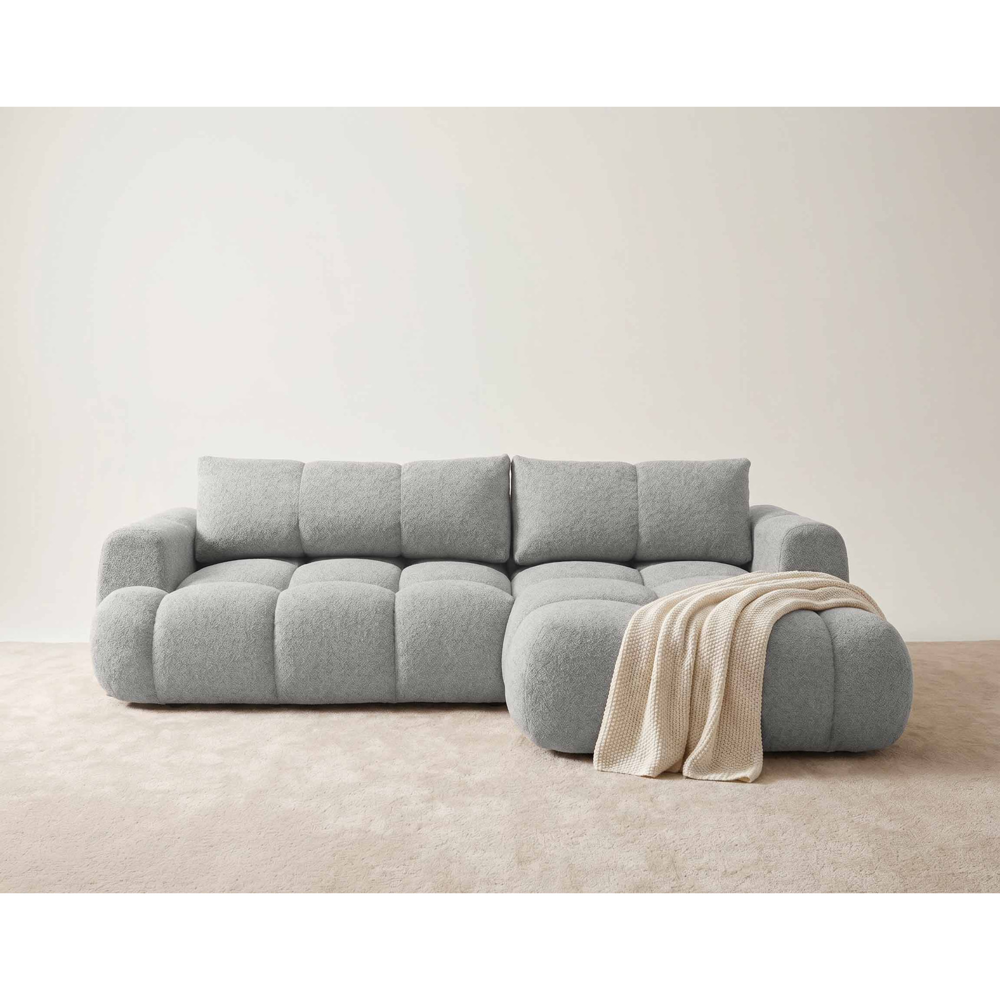 Yulin - Canapé d'angle gauche 4 places convertible avec coffre en tissu bouclette - Gris clair