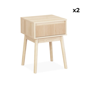 Lot de 2 tables de chevet avec un tiroir. Panneaux stratifiés couleur naturelle. Pied en bois de sapin.  L 39 x 39 x H 55.4cm LINEAR