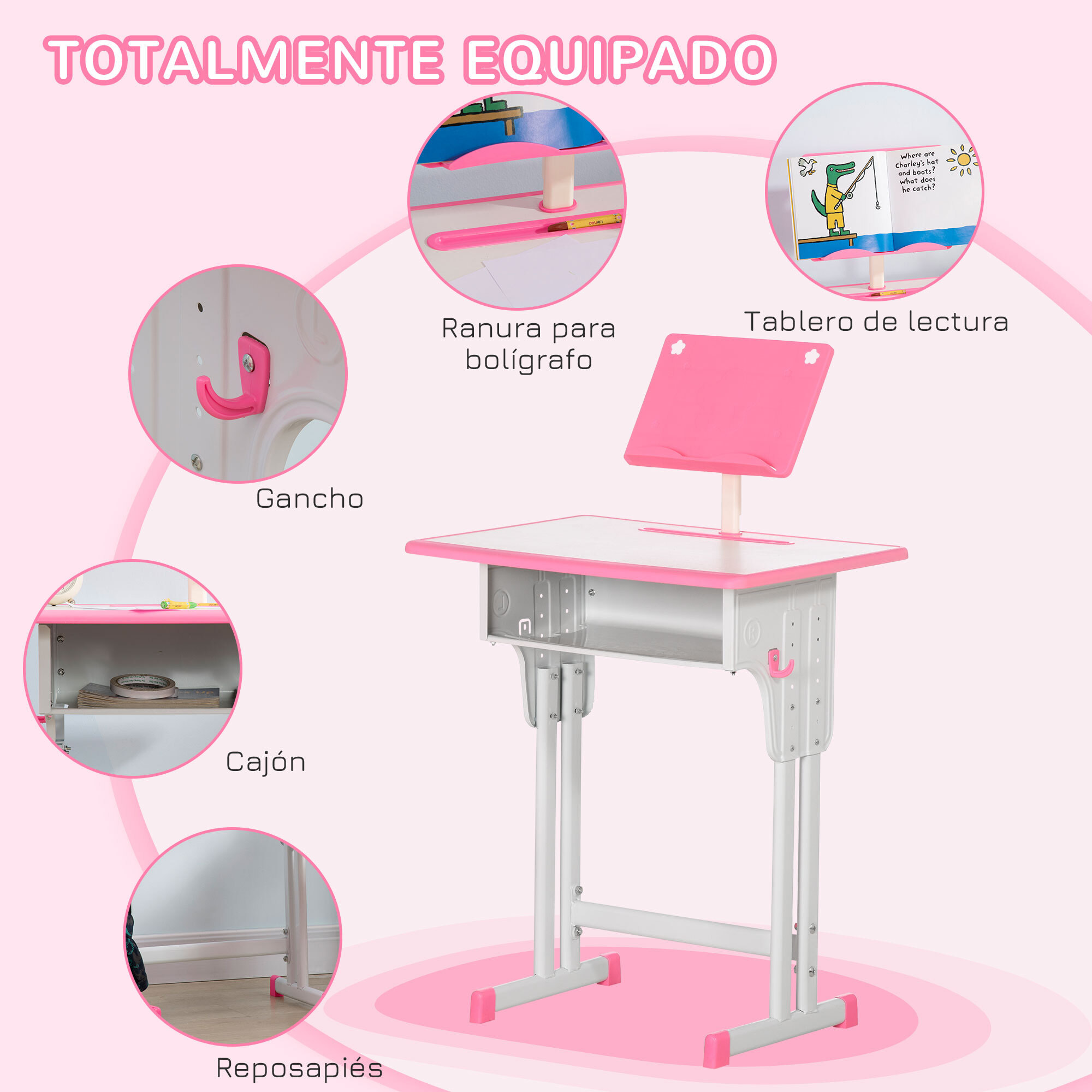 Juego de Escritorio y Silla para Niños de 6-12 Años Pupitre Infantil Altura Ajustable con 1 Cajón 1 Ranura para Lápiz y 1 Estante para Libros Acero 60x45x90-102 cm Rosa