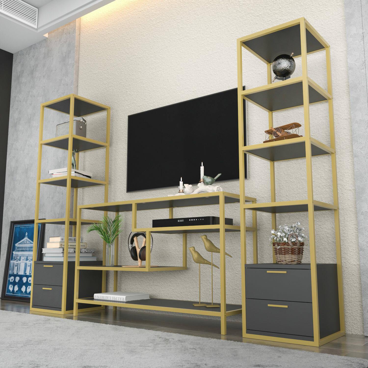 Parete attrezzata Dpisan, Composizione soggiorno, Mobile salotto multiuso, Armadio porta TV, 198x39h160 cm, Oro e Antracite