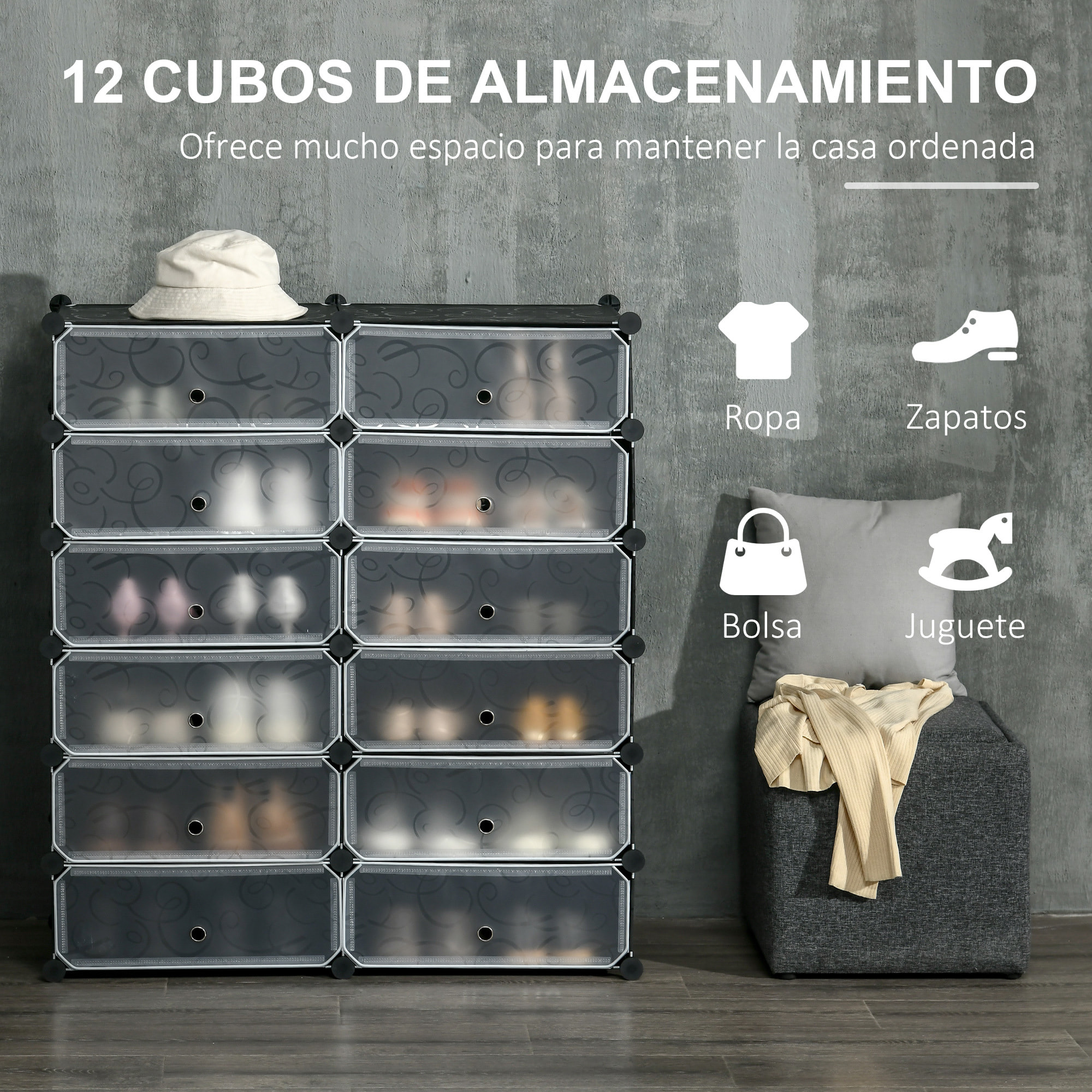 Zapatero Modular Cubos de Plástico Armario Modular para Zapatos con 12 Cubos con Puerta Diseño Bricolaje para Entrada Dormitorio Negro
