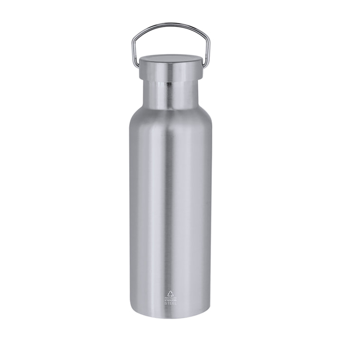 Bidón térmico en Acero Inoxidable Reciclado de doble pared y 500 ml de capacidad. Tapón a rosca con asa de transporte.