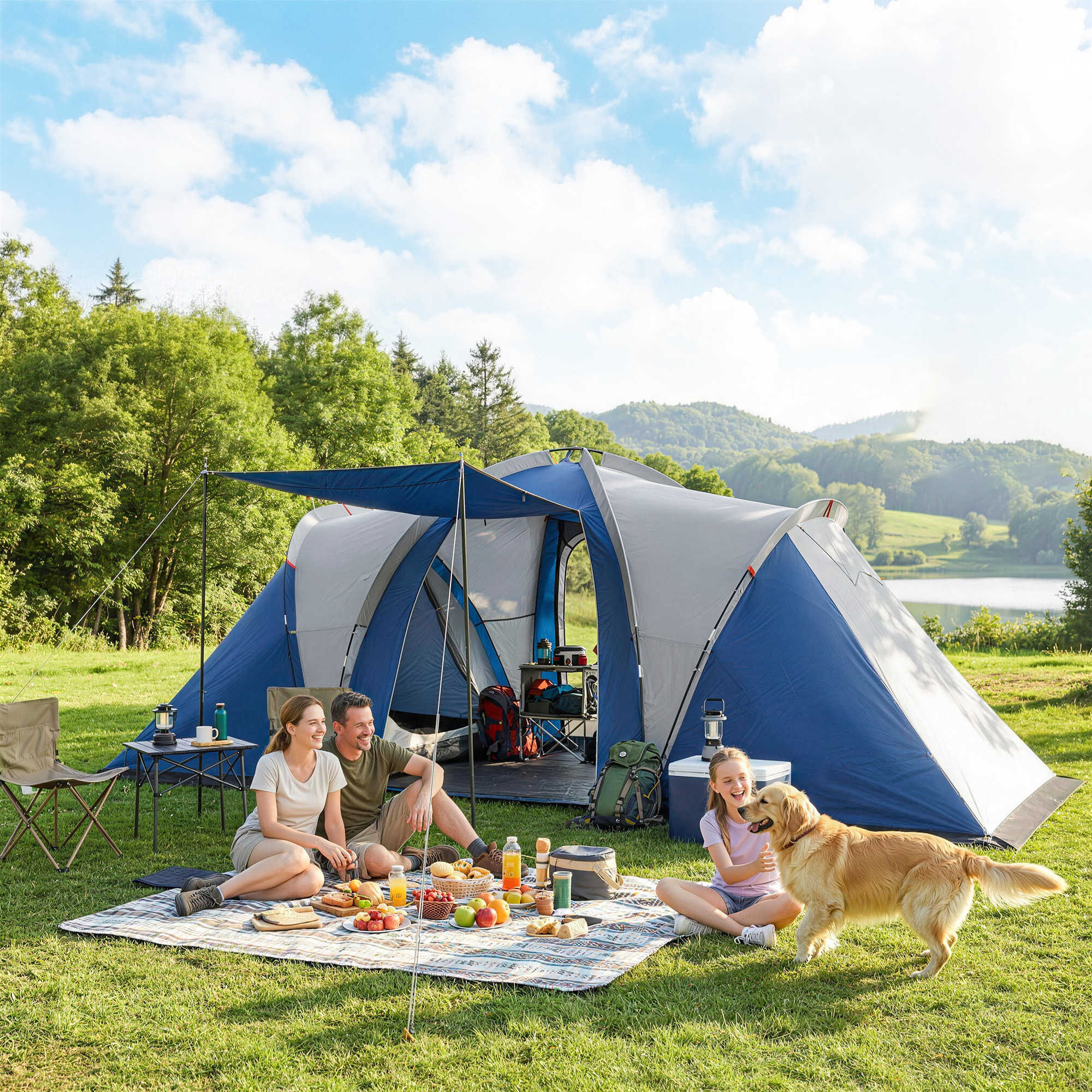 Tente de camping tunnel familiale 4-5 pers. imperméable 3000mm - 550x220x190cm - bleu