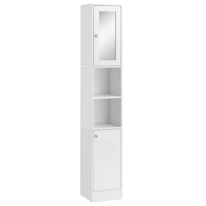 kleankin Armario Alto para Baño con Espejo Mueble Columna de Baño Madera con 2 Estantes Abiertos 2 Puertas y Baldas Interiores Ajustables 30x28x180 cm Blanco