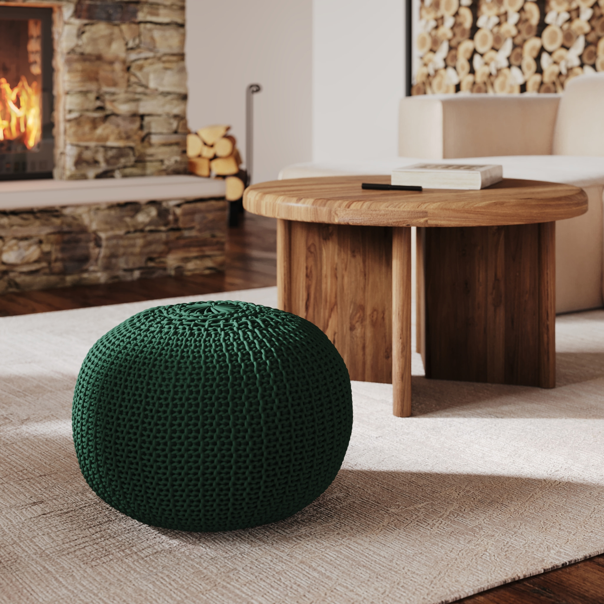 Pouf tricot rond en coton vert sapin D40 cm - Elisa