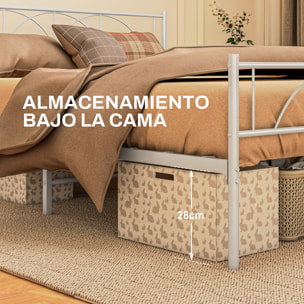 Cama Doble 135x190 cm Estructura de Cama Somier con Cabecera Listones de Acero y Espacio de Almacenamiento Debajo de la Cama Carga 330 kg Blanco