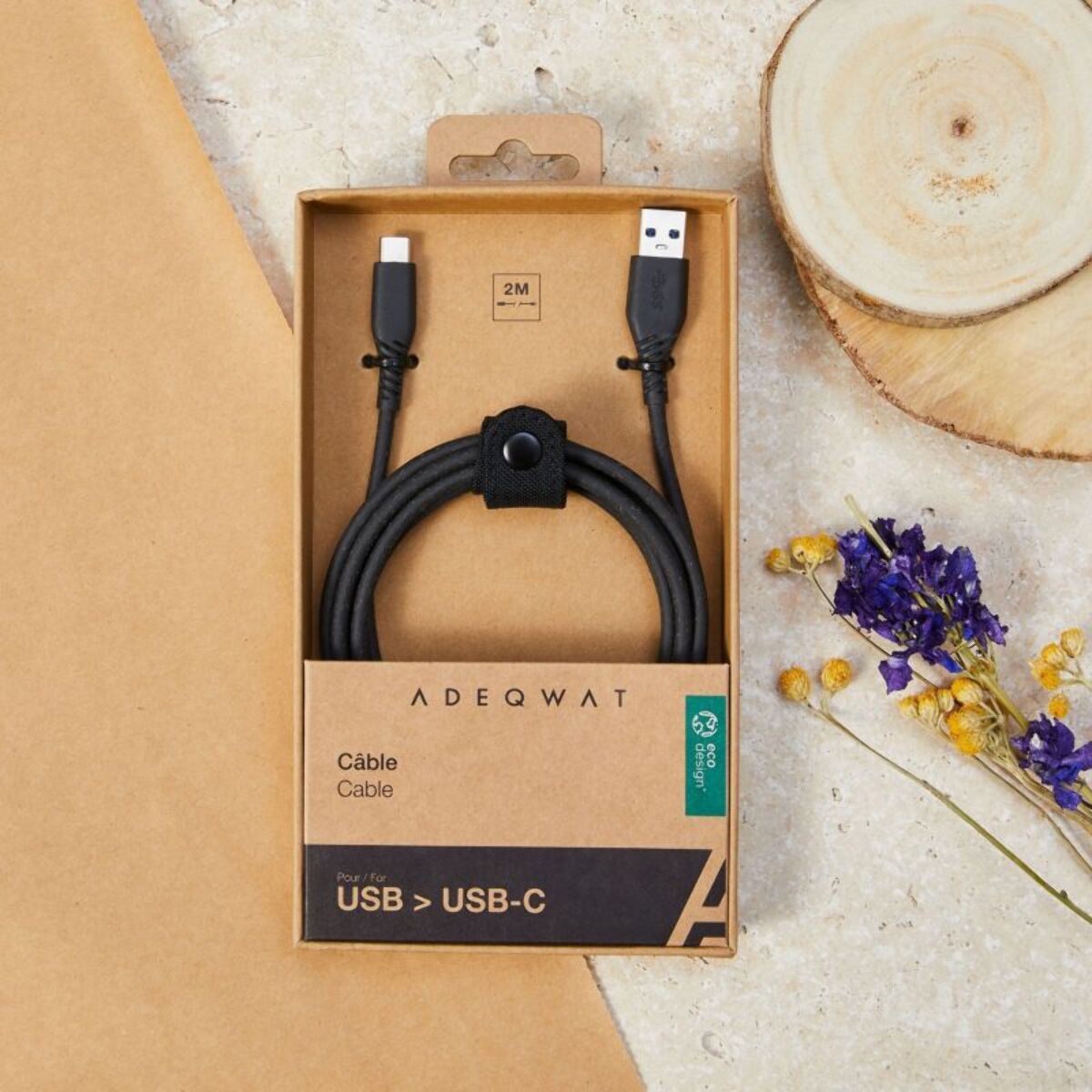 Câble USB C ADEQWAT vers USB 2M eco design Noir
