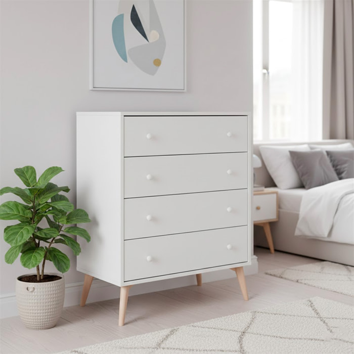 Comò A 4 Cassetti Comodino Stile Scandinavo Cassettiera Settimino Per Camera da Letto Con Gambe Nordiche Guide Metalliche 77.5x40x95 Cm Bianco Opaco