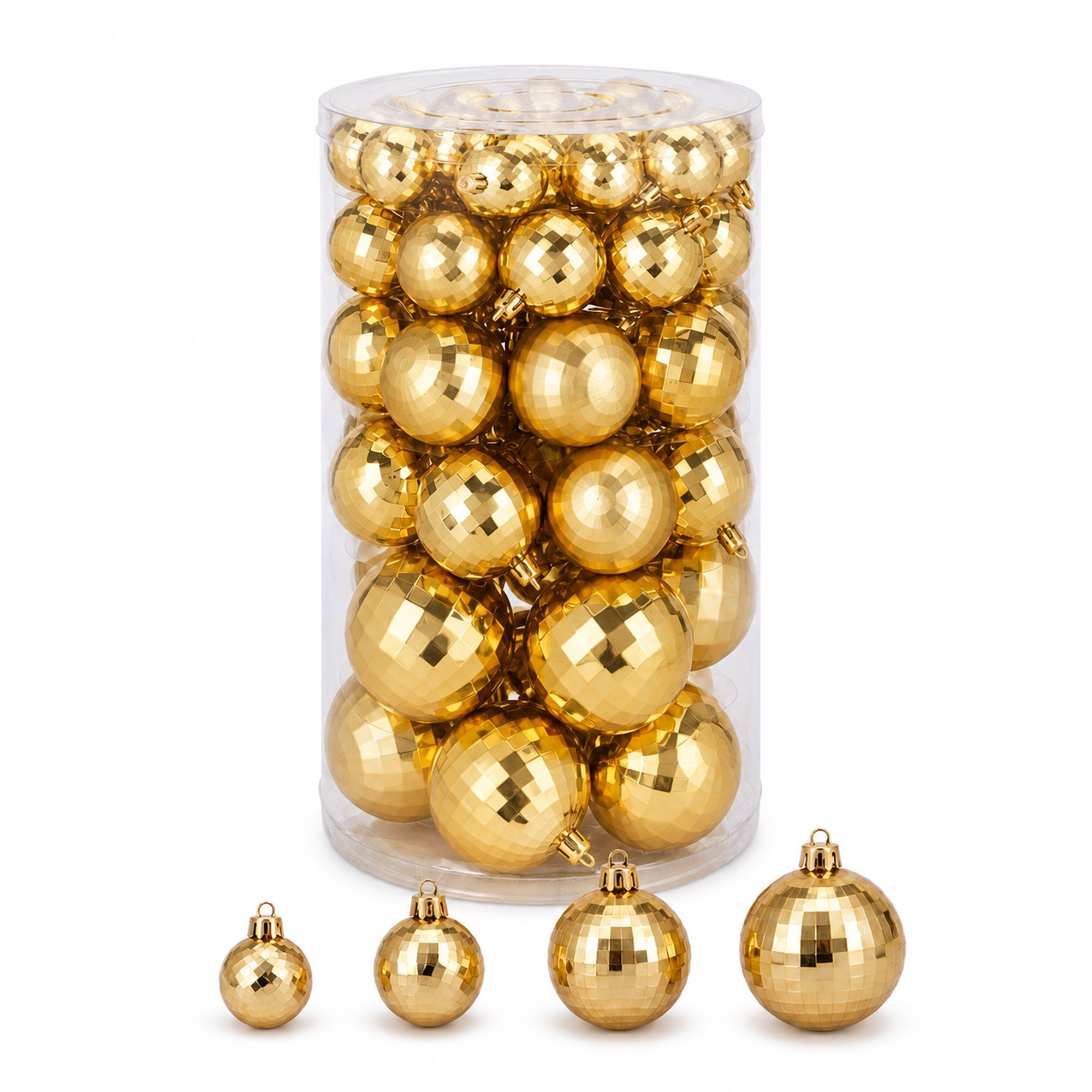Set de 64 bolas de navidad doradas en 4 tamaños (22x ø4, 14x ø5, 18x ø6 y 10x ø8 cm) en acabado brillante