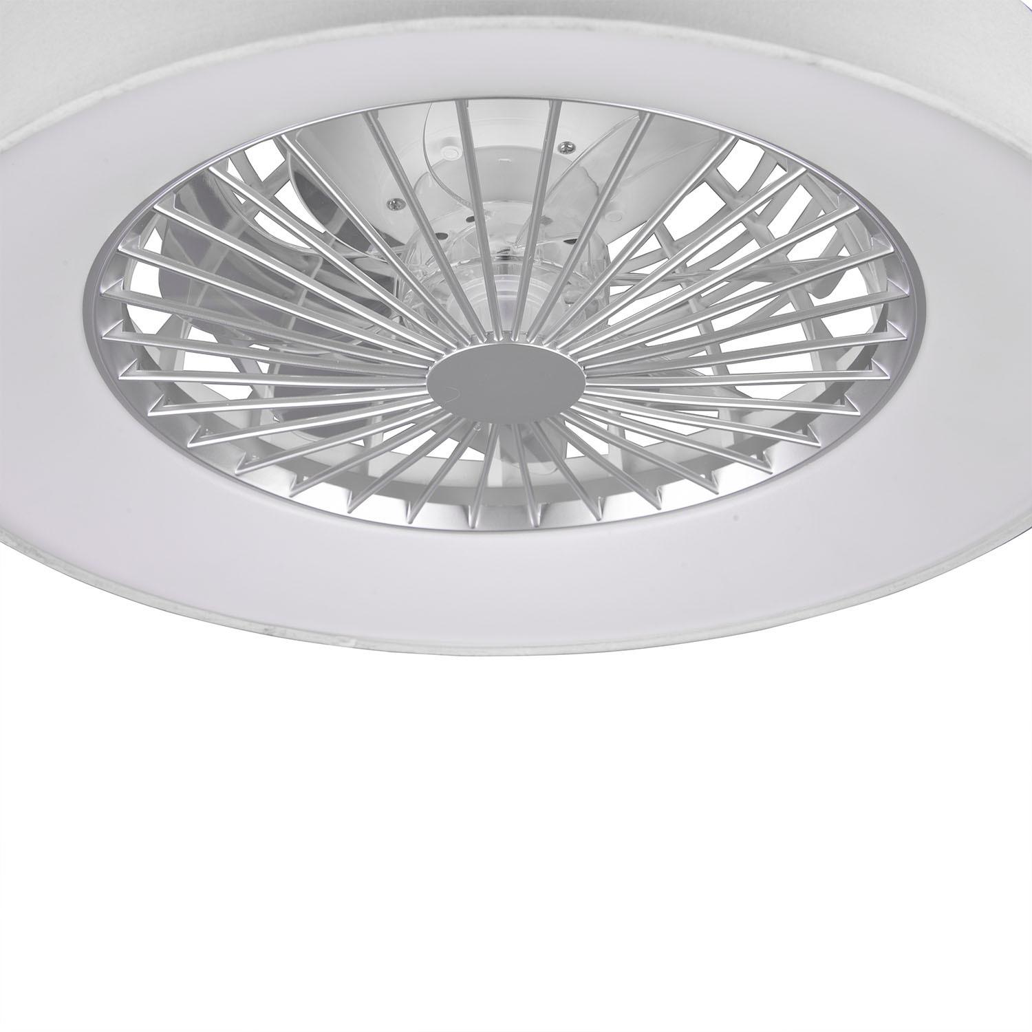 Faresund - Ventilatore e plafoniera LED Ø47 cm con bordo in tessuto bianco, telecomando, dimmer, timer, luce notturna ed effetto stelle