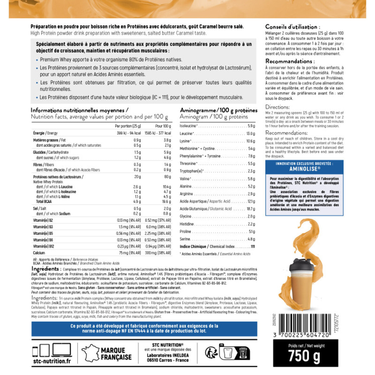 STC NUTRITION - Premium Whey - 80% de protéines natives de lactosérum - Croissance, maintien et réparation musculaires - Digestion facile - 30 Shakers - Doypack 750g