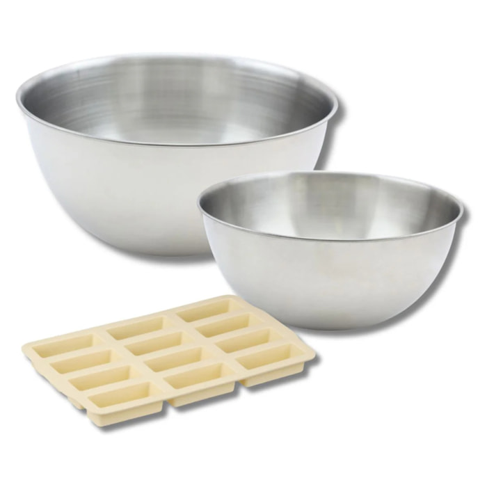 Set comprenant 1 Moule Silicone, 1 spatule Zenker, 2 bols à mixer en inox Fackelmann