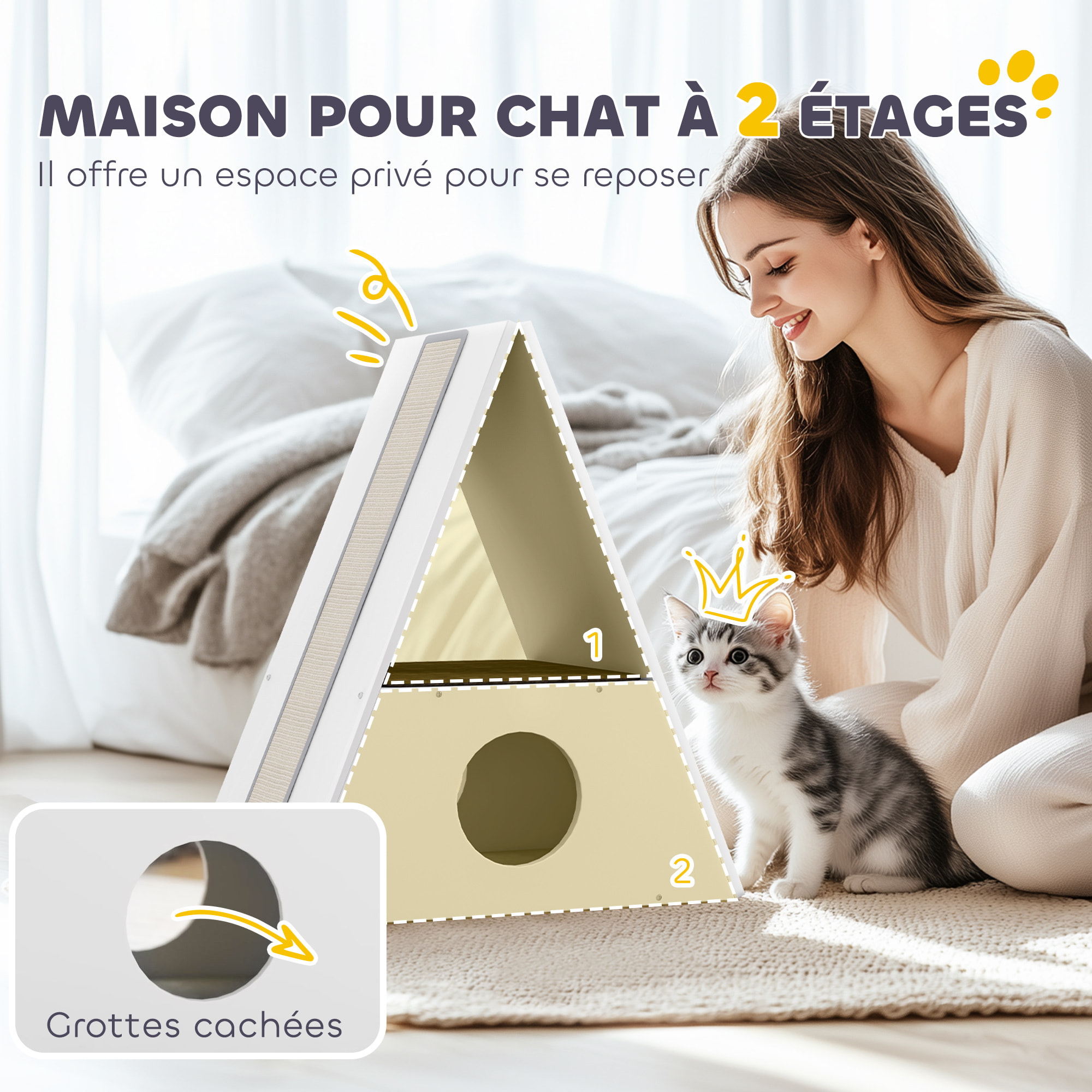 Niche chat design - maison pour chat - 2 tapis, 2 grattoirs sisal - blanc beige