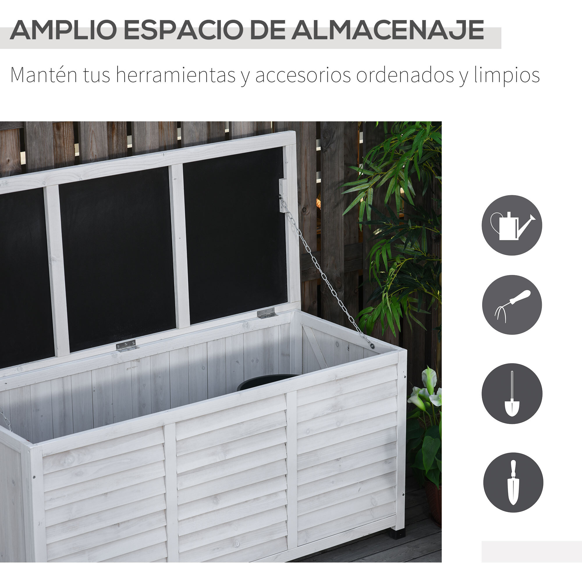 Baúl de Madera Exterior Caja de Almacenamiento de Jardín con Tapa Abrible y Diseño Persiana 127x56x60 cm Blanco