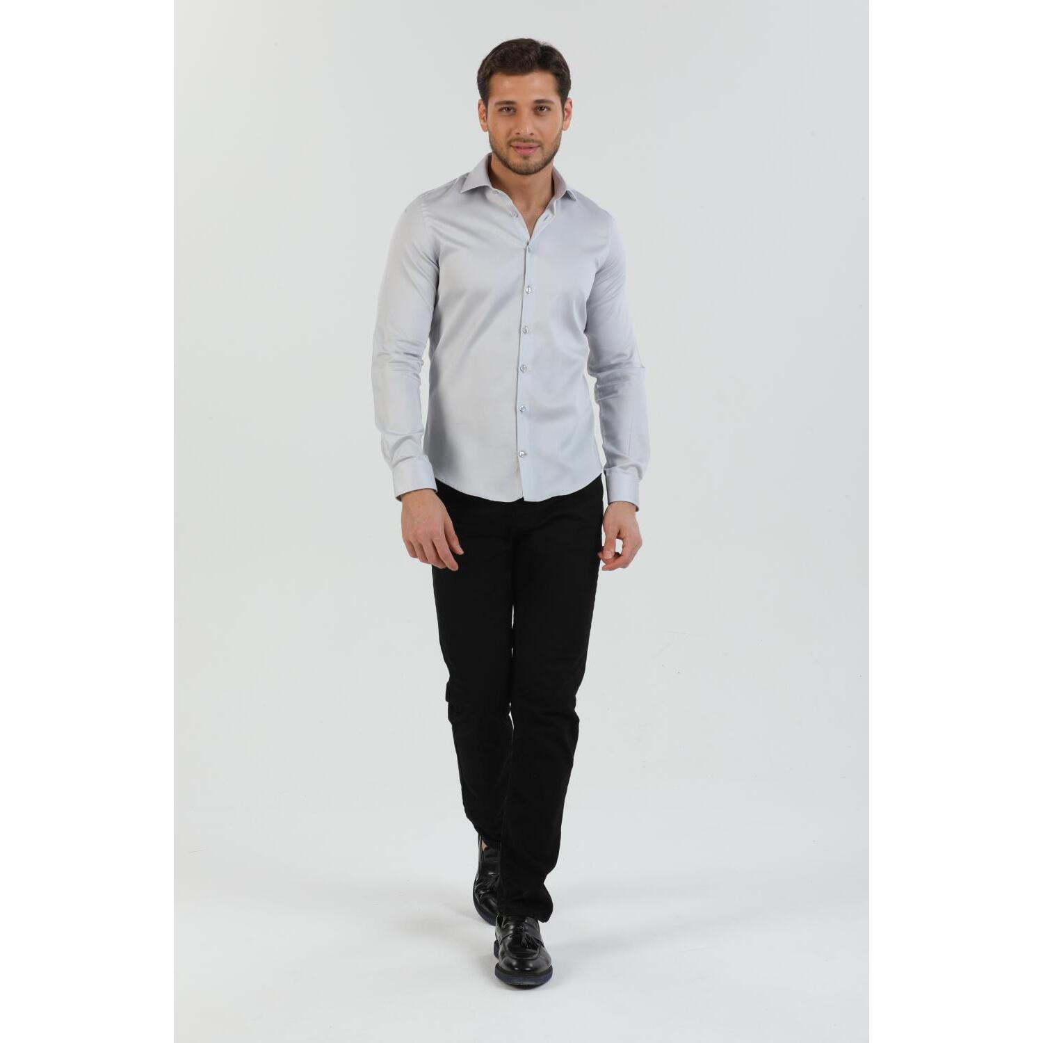 Camicia Uomo 1 Bottone Francese Slim Popeline Stretch Unito Grigio