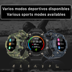 Smartwatch T6 con carcasa de alta resistencia. Monitor cardiaco dinámico, varios modos deportivos e informacion meteorológica.