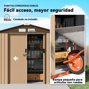 Caseta de Jardín Exterior 2,42 m², 213x130x185 cm, Cobertizo de Jardín Exterior Metálico con Puertas Correderas, Ventilación, y Guantes para Almacenamiento de Herramientas, Amarillo