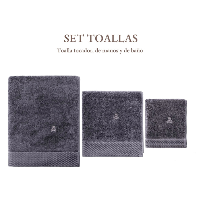 Juego de 3 toallas gris oscuro (tocador 30x50cm, manos 50x100cm y baño 90x150cm) scalpers home
