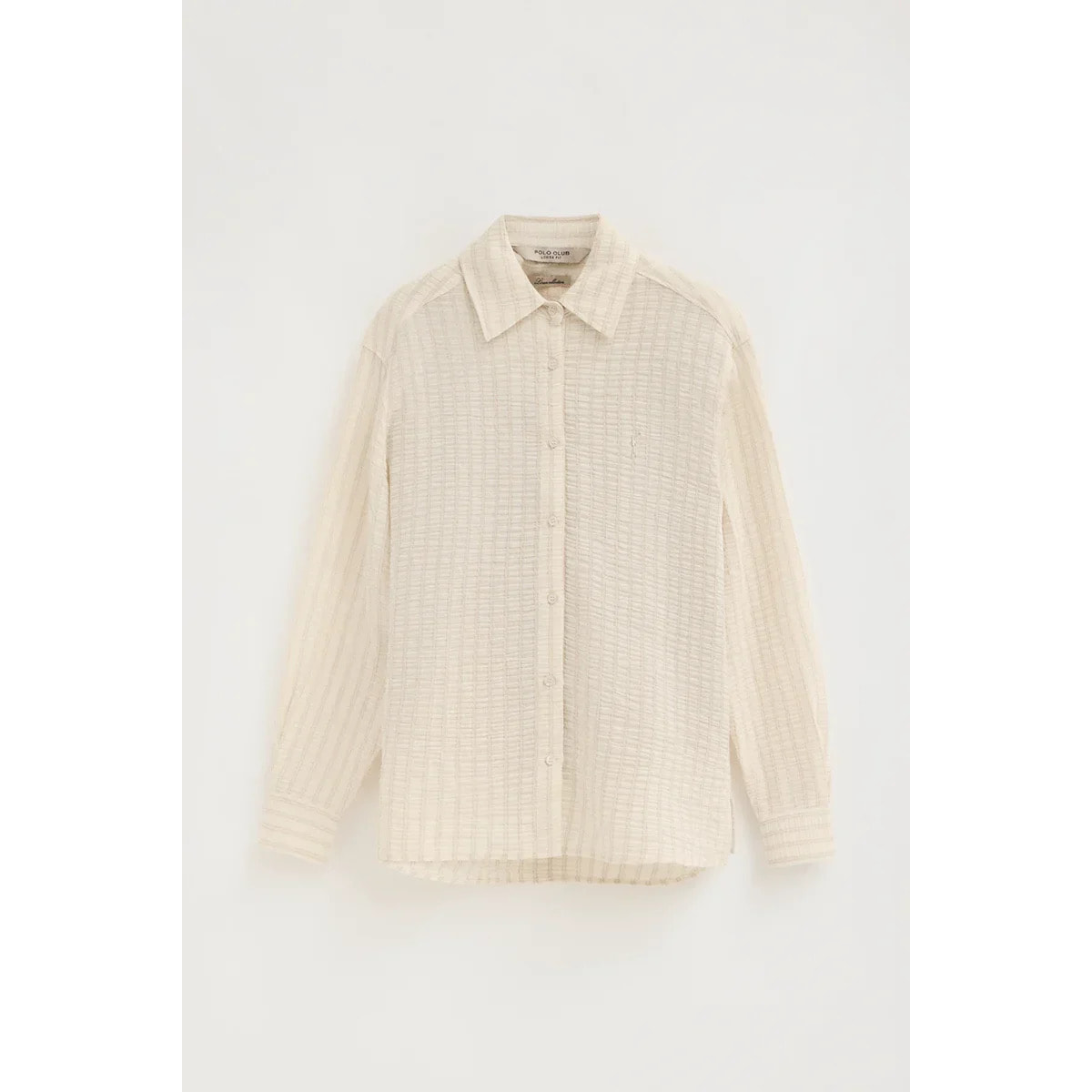 Camisa de rayas beige con efecto arrugado de corte holgado y bordado Rigby Go
