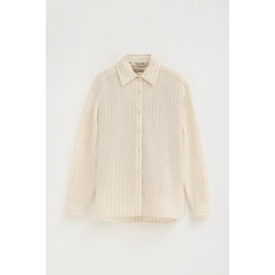 Camisa de rayas beige con efecto arrugado de corte holgado y bordado Rigby Go