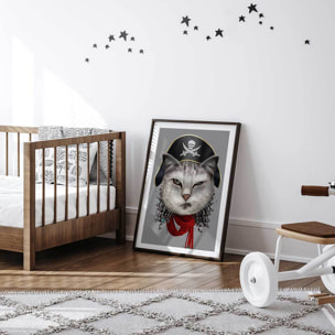 Affiche enfant chat pirate  Affiche + cadre en bois - Noir