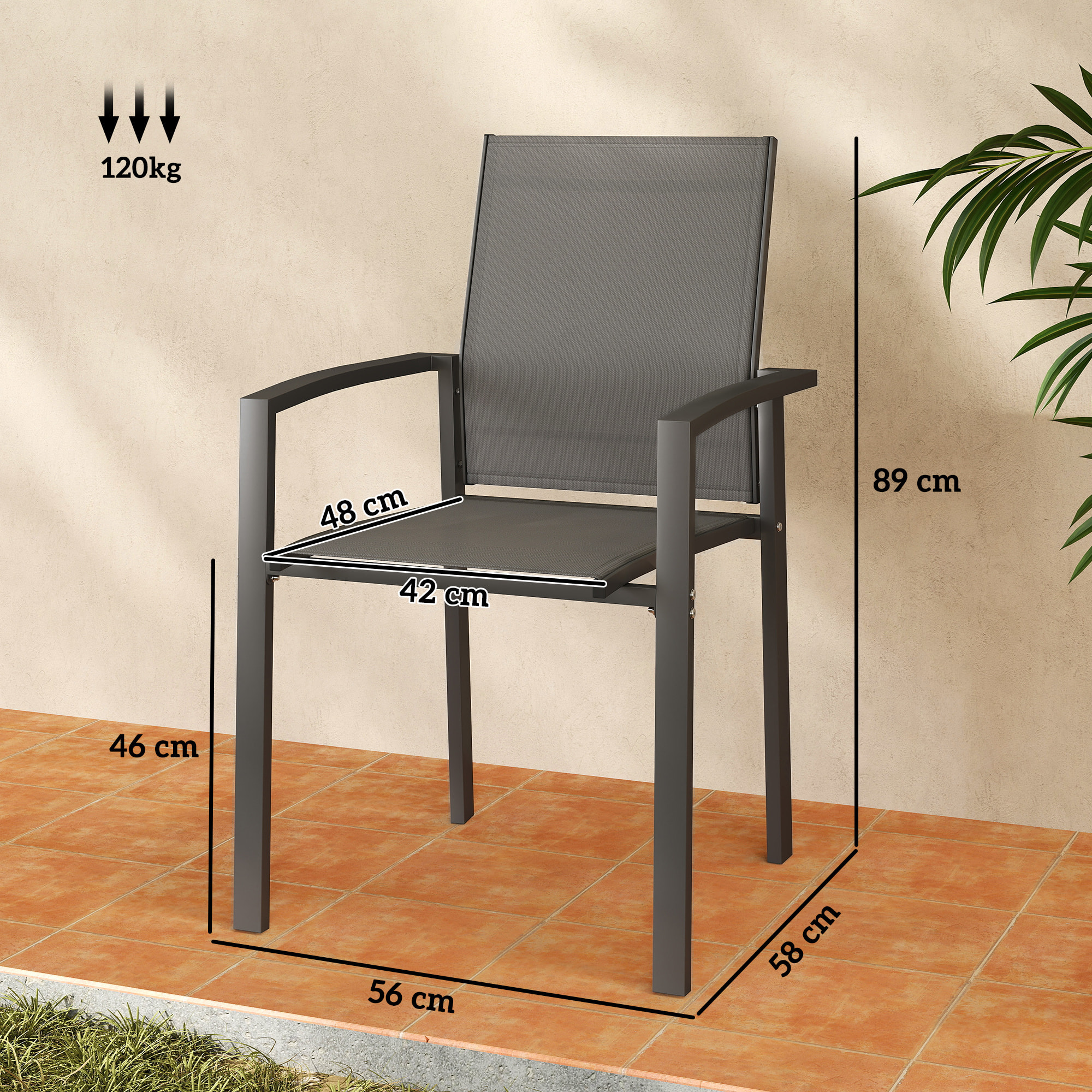 Juego de 2 Sillas de Jardín Exterior Sillas Terraza Exterior Apilables Sillones de Comedor con Tela Transpirable Marco de Acero Reposabrazos y Respaldo 56x58x89 cm Gris Oscuro