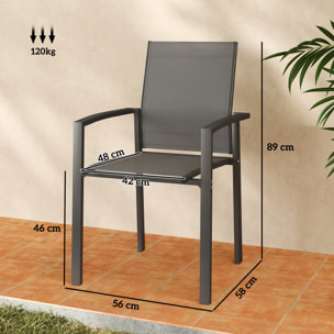 Juego de 2 Sillas de Jardín Exterior Sillas Terraza Exterior Apilables Sillones de Comedor con Tela Transpirable Marco de Acero Reposabrazos y Respaldo 56x58x89 cm Gris Oscuro