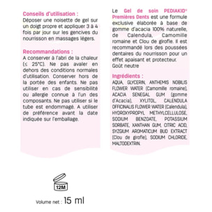 PEDIAKID - Gel de soin premières dents - Apaisant et protecteur naturel pour gencives - Gomme d'Acacia, Camomille, Calendula, Clou de Girofle - Goût Neutre - Dès la naissance - 15 ml