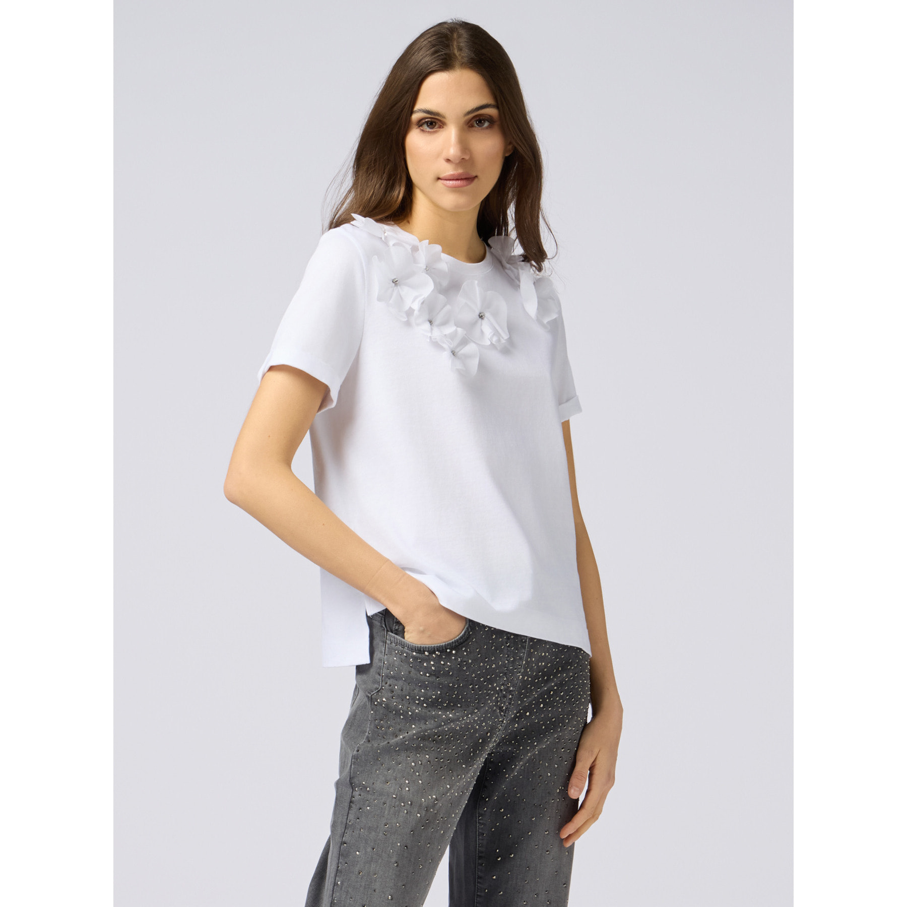 Oltre - Camiseta con aplicaciones florales - Blanco