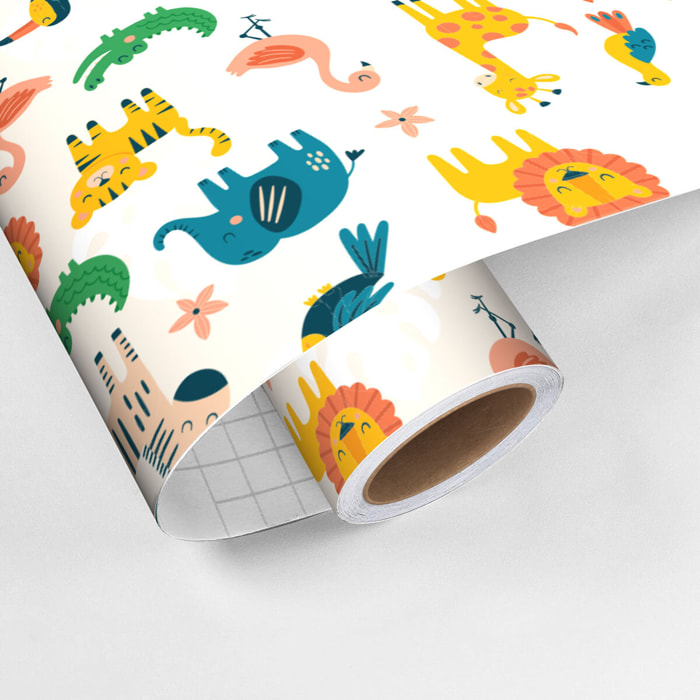 Rouleau revêtement adhésif vinyle au mètre - Sticker lavable Cuisine Meuble Armoire Porte - ANIMAUX MULTICOLORES