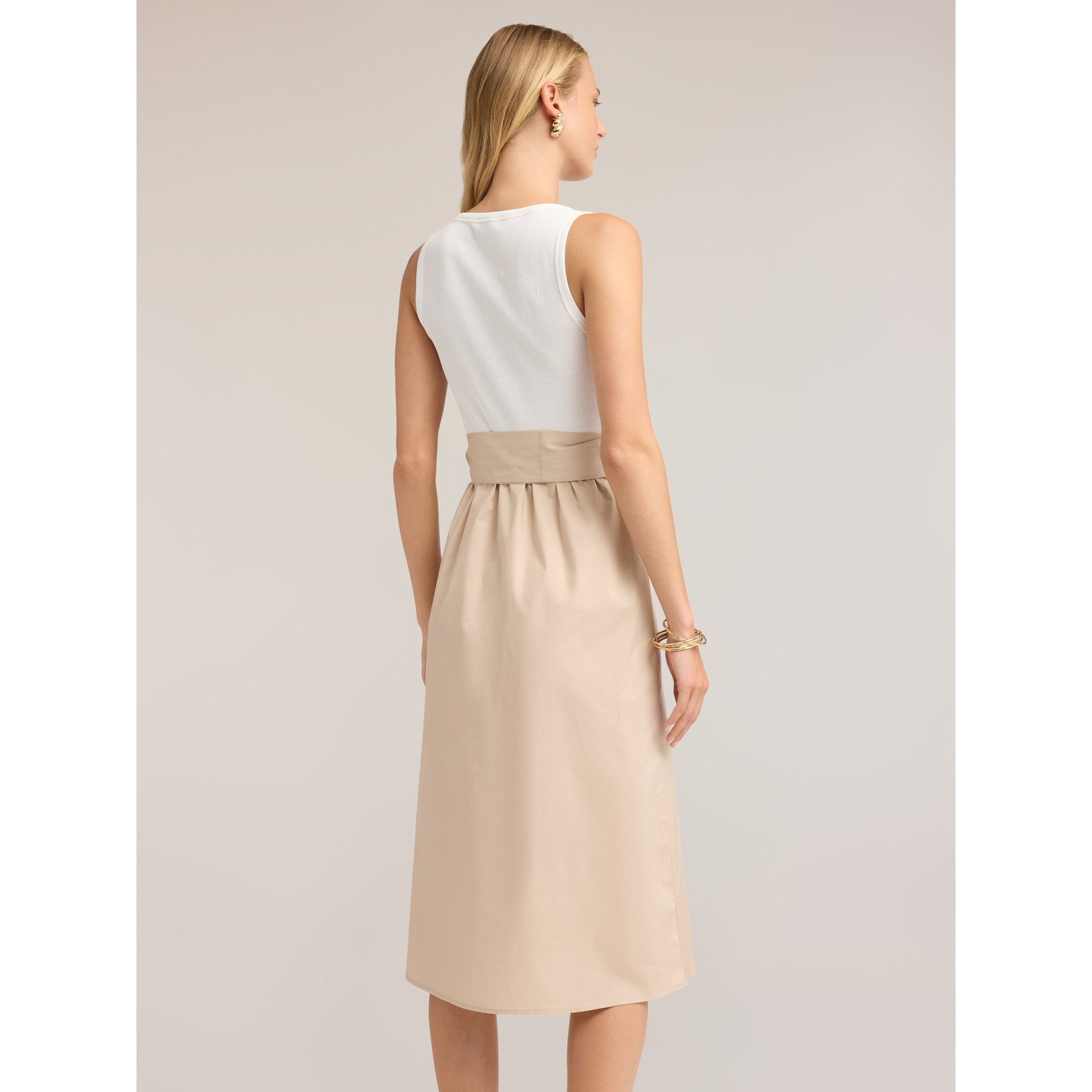 Motivi - Vestido flare en popelín con lazo en la cintura - Beige