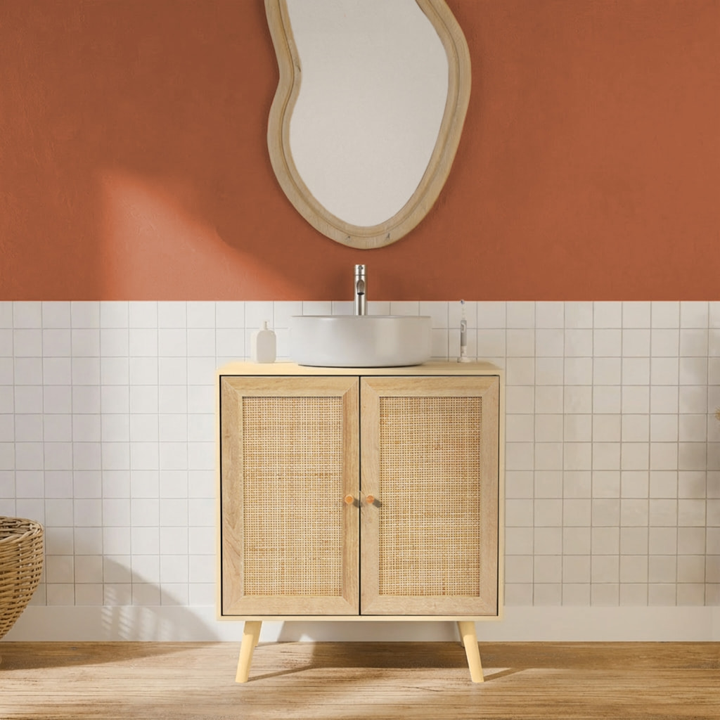 Meuble sous lavabo décor bois et cannage BOHÈME