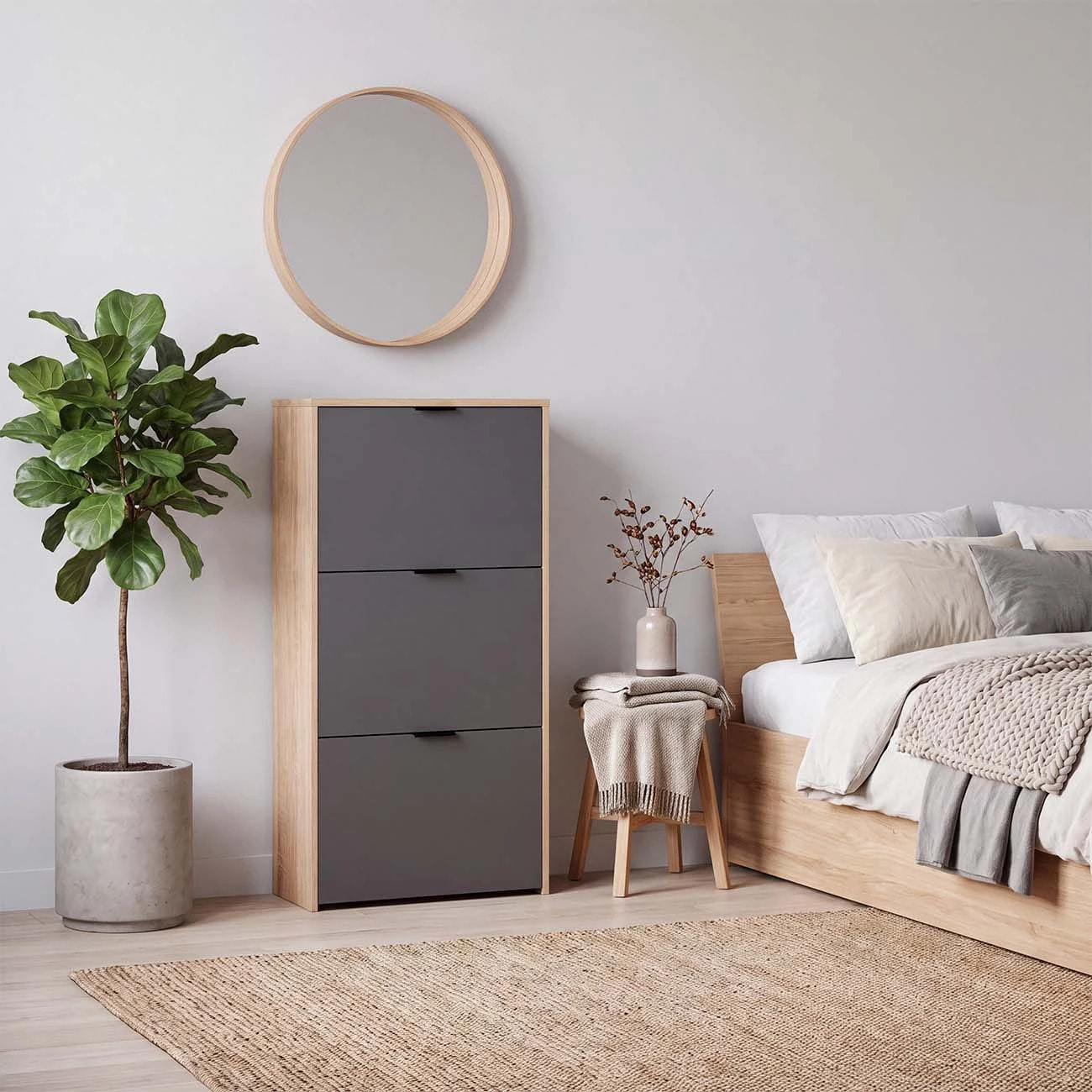 Zapatero de 3 puertas abatibles en roble canadian y gris grafito 60x113 cm Remi Roble Canadian - Gris Grafito