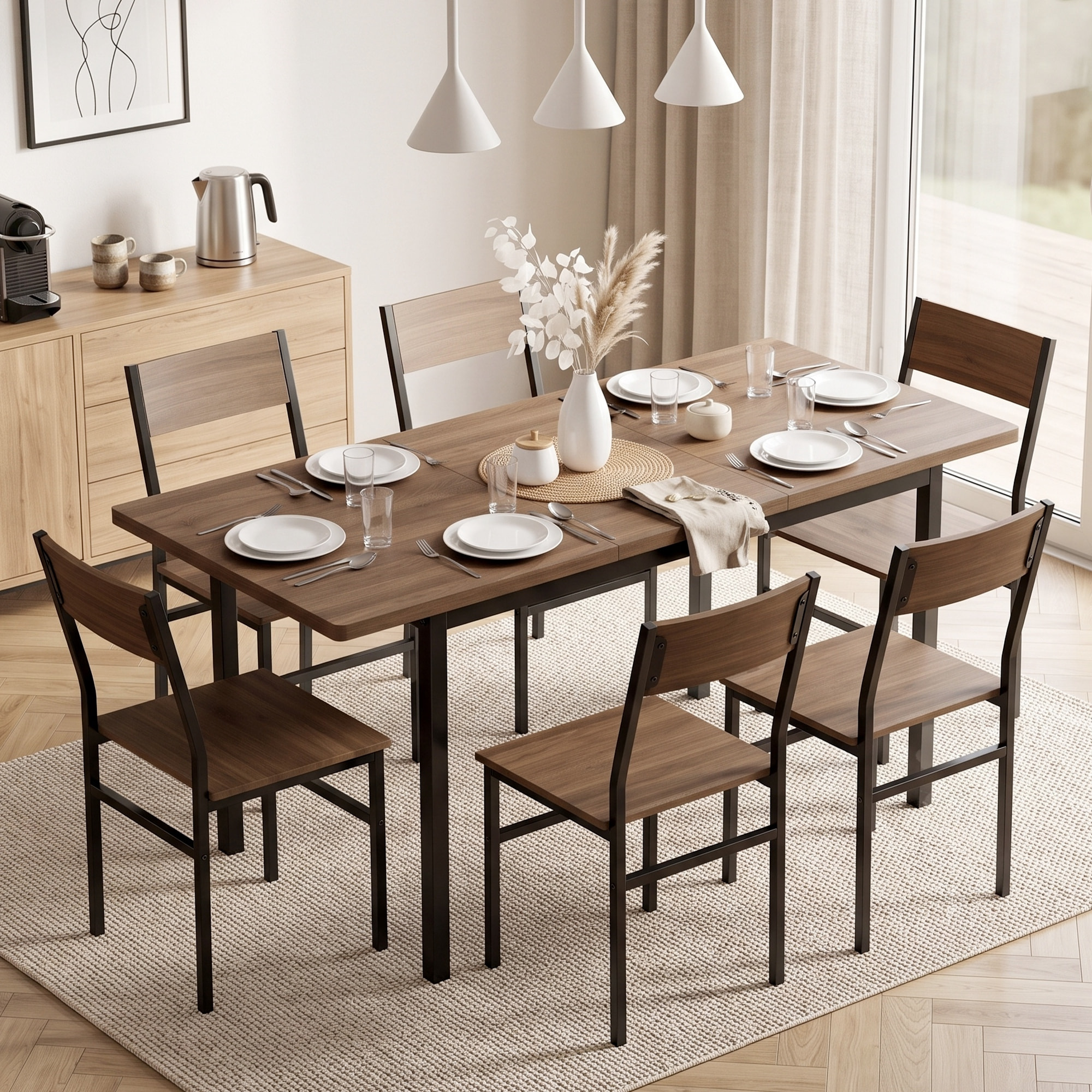 HOMCOM Conjunto de Mesa y 6 Sillas de Comedor de 7 Piezas, Mesa de Cocina Extensible 120-160 cm con 6 Sillas Apilables, Ahorro de Espacio, para 4-6 Personas, Marco Metálico, Marrón Efecto Madera