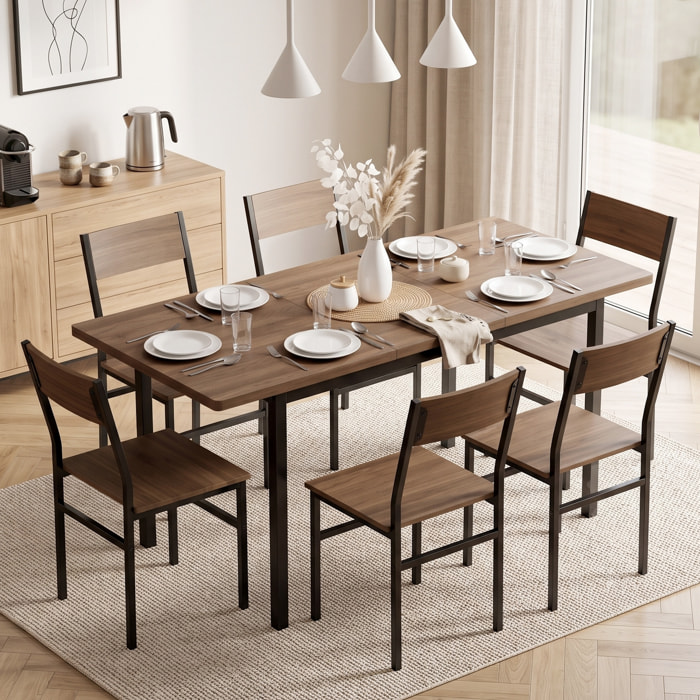 HOMCOM Conjunto de Mesa y 6 Sillas de Comedor de 7 Piezas, Mesa de Cocina Extensible 120-160 cm con 6 Sillas Apilables, Ahorro de Espacio, para 4-6 Personas, Marco Metálico, Marrón Efecto Madera
