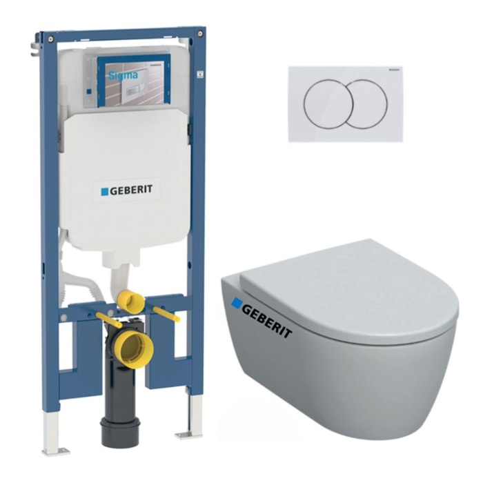 Pack WC Bati-support Geberit Duofix extra-plat + WC sans bride Geberit iCon + Abattant softclose + Plaque blanche (SLIM-iCon-B)