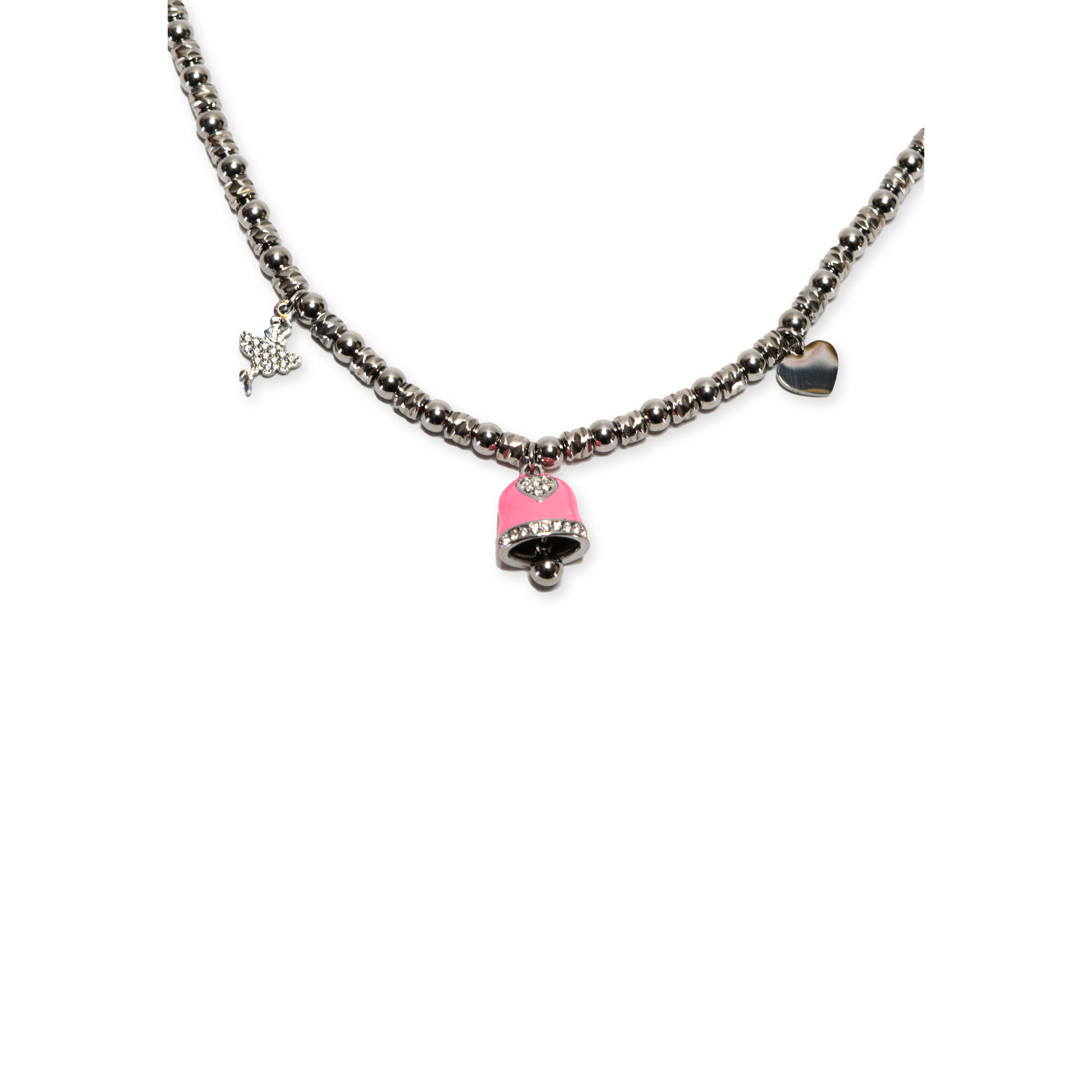 Collana in acciaio silver a sfere con charms rosa e strass