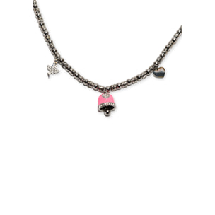 Collana in acciaio silver a sfere con charms rosa e strass