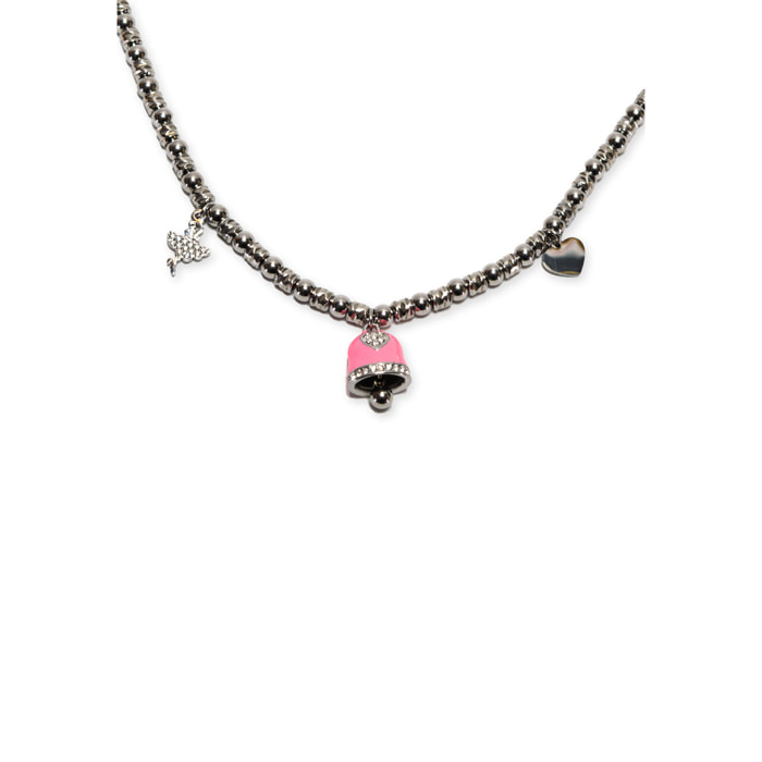 Collana in acciaio silver a sfere con charms rosa e strass