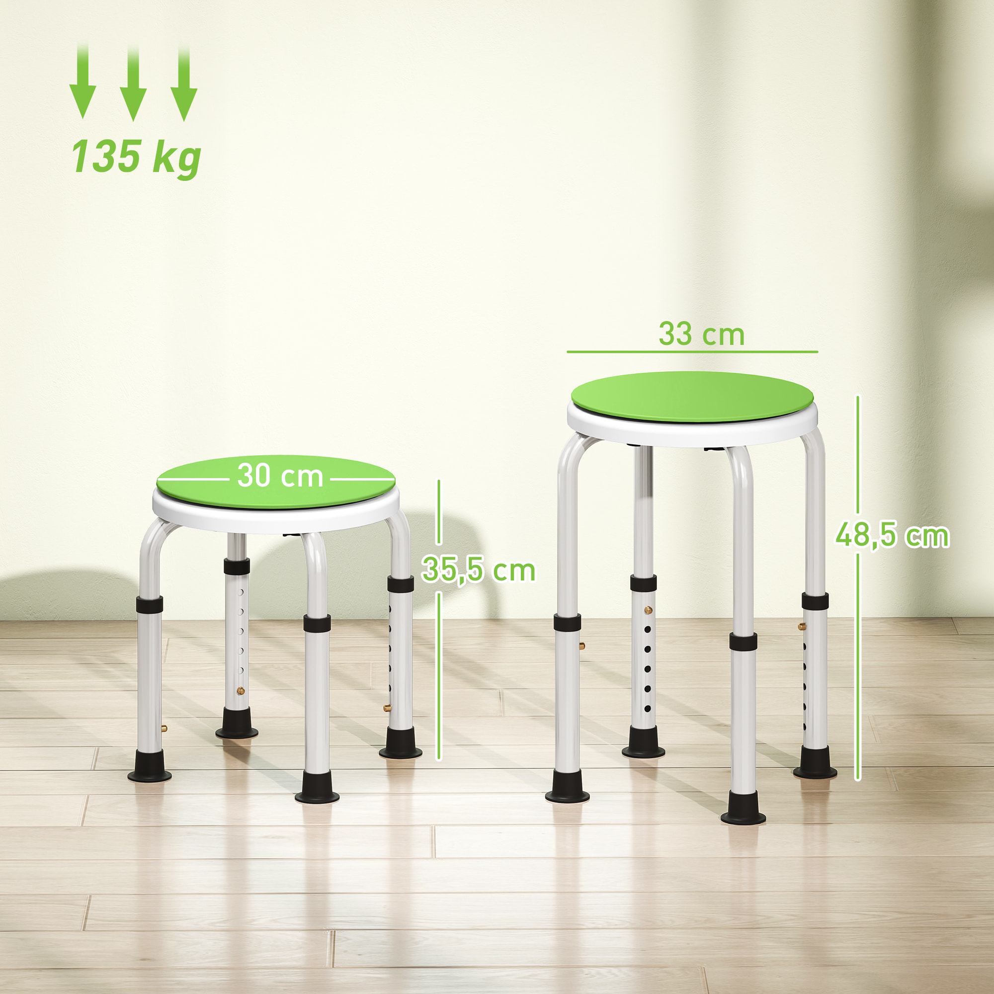 Tabouret de douche siège de douche - hauteur réglable, pivotant 360° - alu PP blanc vert