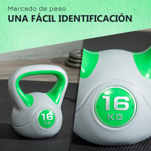 Pesa Rusa 16 kg, Kettlebell Revestimiento de PU y Relleno de Arena, Mango Ancho, para Entrenamiento Culturismo, en Casa, Gimnasio, Verde y Gris