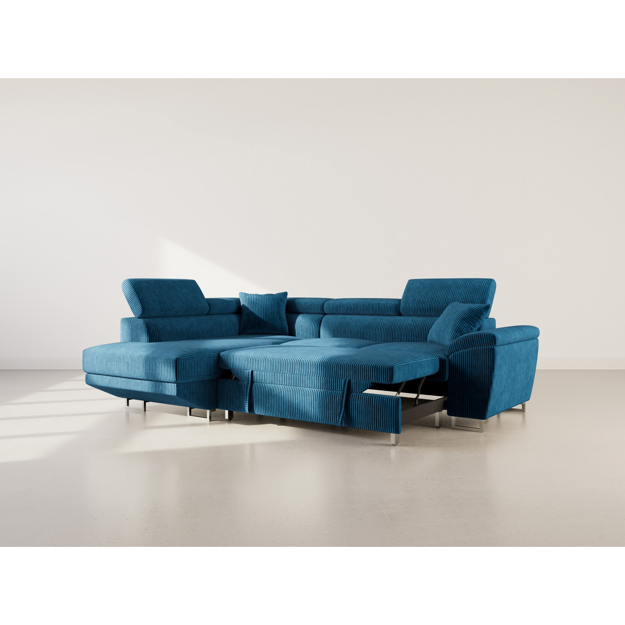 Baoji - Canapé d'angle gauche 5 places convertible avec têtières et coffre en velours côtelé - Bleu