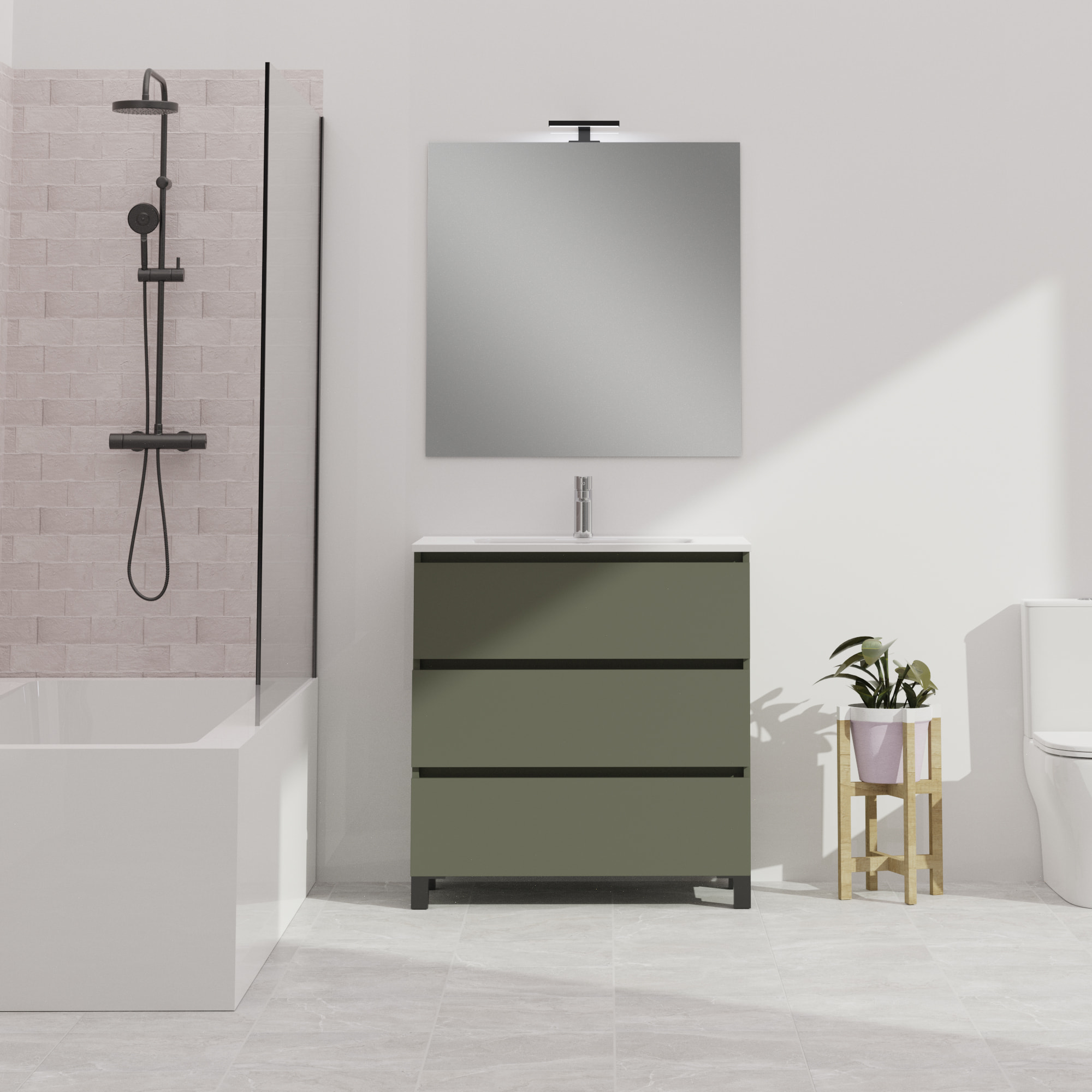 Conjunto de baño Wink | 80 cm Verde Musgo | Tres cajones | Lavabo encastrado | No incluye espejo | Mueble montado | Alday