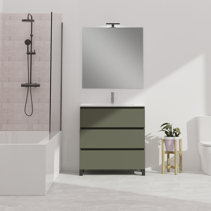 Conjunto de baño Wink | 80 cm Verde Musgo | Tres cajones | Lavabo encastrado | No incluye espejo | Mueble montado | Alday