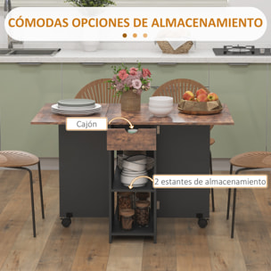 Mesa Plegable de Comedor Mesa de Cocina Plegable con Ruedas Alas Abatibles Cajón y Estantes para 2-4 Personas 120x72x75 cm Marrón Rústico y Negro