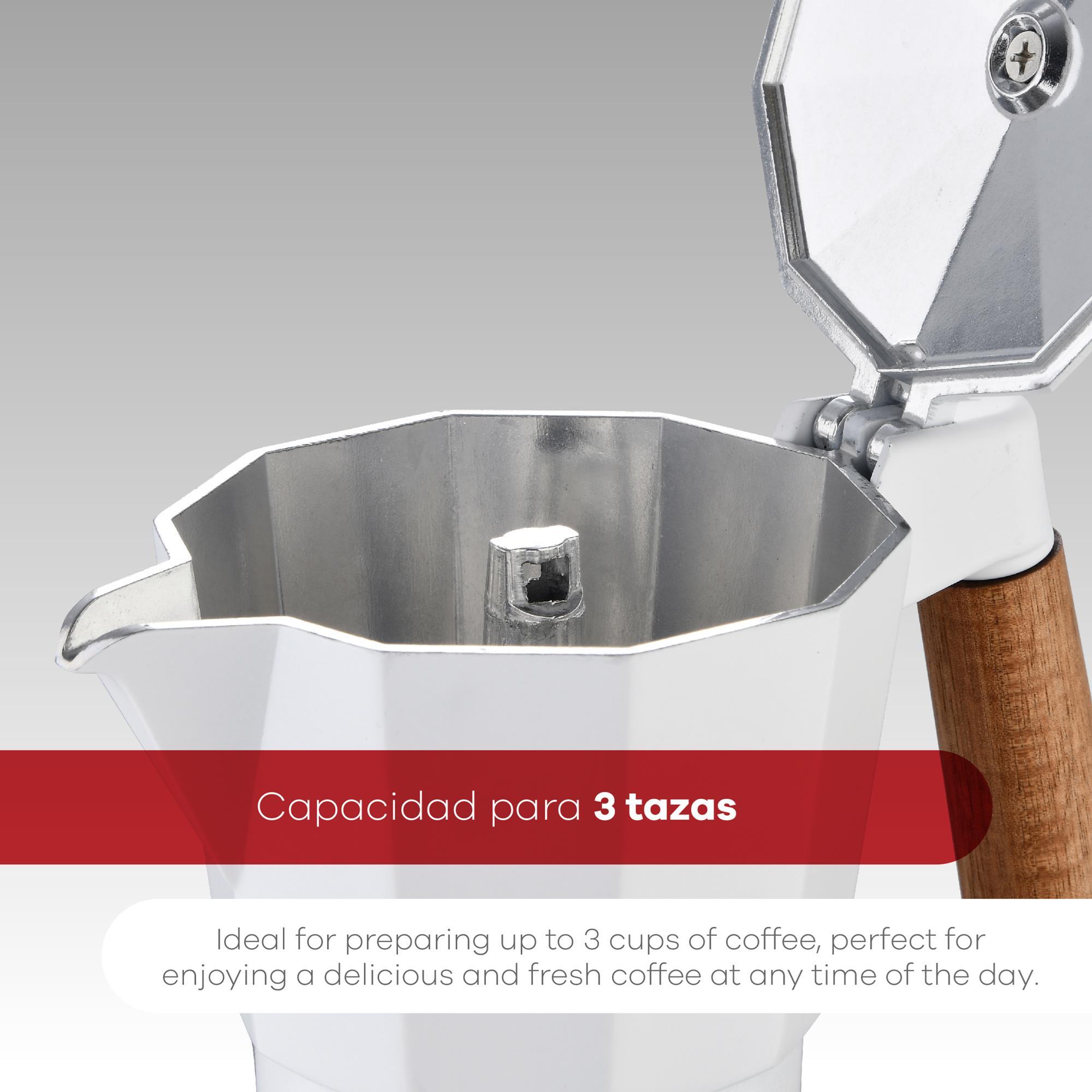 cafetera para 3 tazas en aluminio blanco con mango de madera