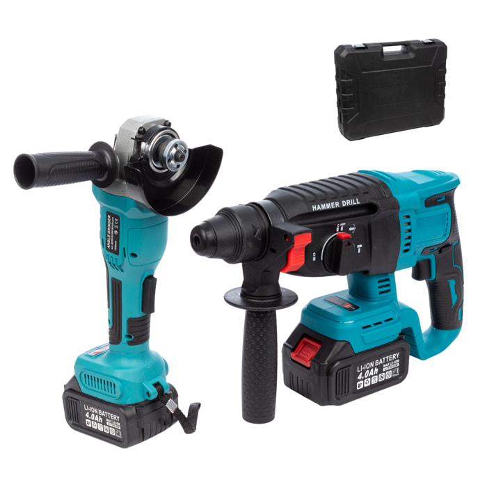 Set de 2 herramientas eléctricas con martillo perforador y radial angular 21V. DOBLE BATERIA 13000 mah
