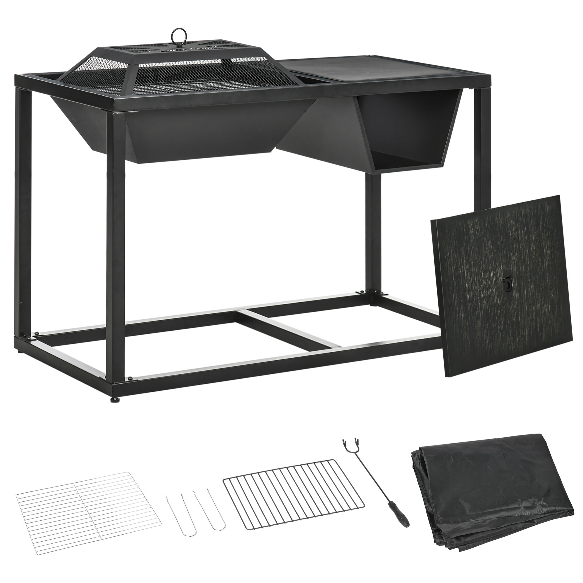 4 en 1 Brasero Exterior de Acero Galvanizado para Jardín Barbacoa de Leña Enfriador de Cubitos de Hielo Mesa de Jardín con Rejilla Protector de Chispas y Atizador 100x46,5x64 cm Negro