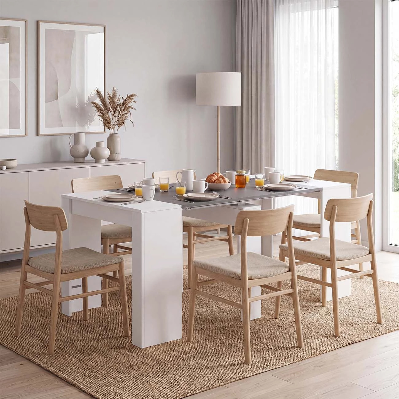 Mesa consola extensible en blanco artik y gris grafito 50-235x90 cm Denis Blanco Artik (Blanco Mate) - Gris Grafito